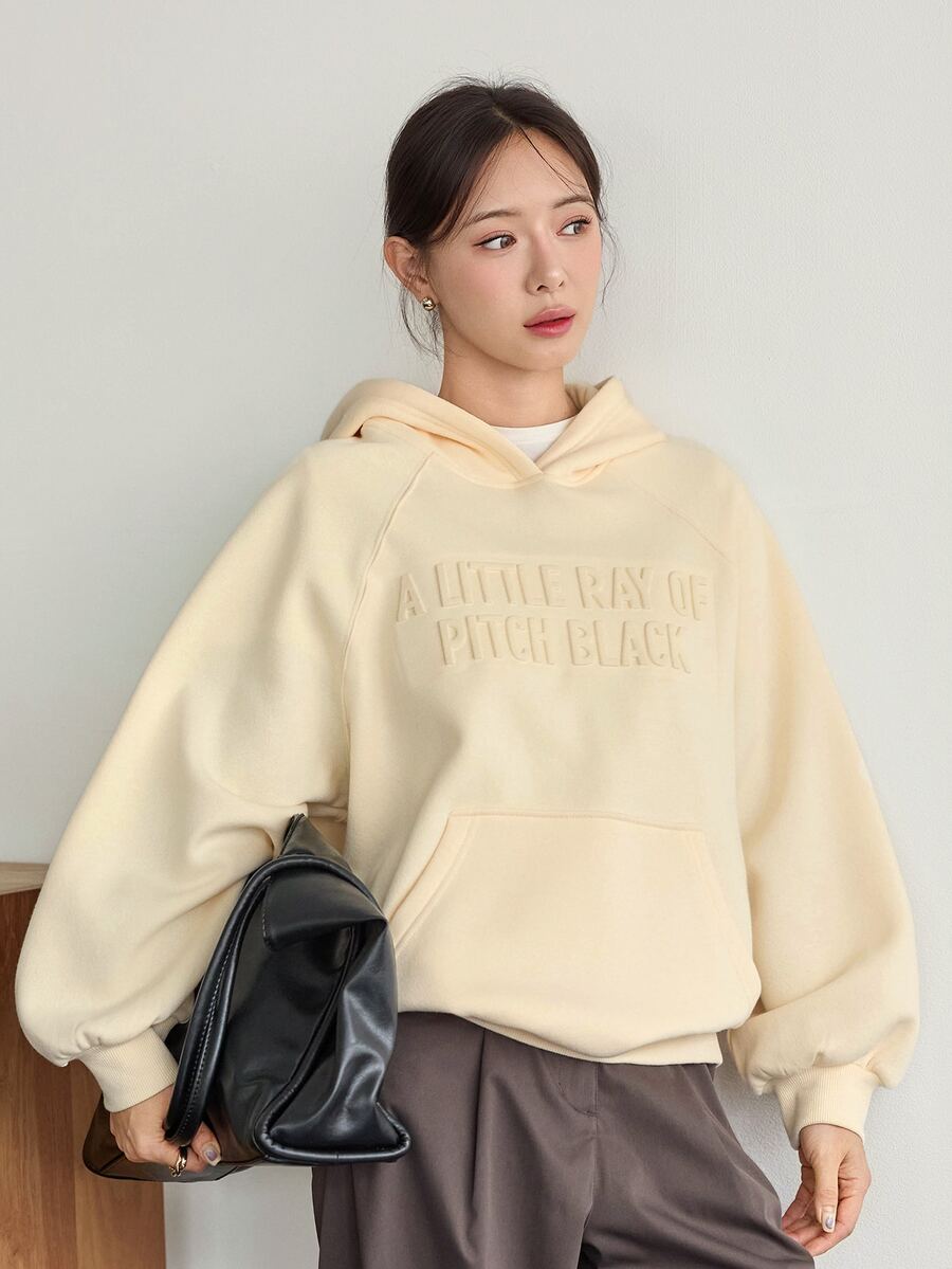 Dazy-Less Women's Slogan Embossed Raglan Long Sleeve Casual Hooded Sweatshirt Fall - Beige - View 1