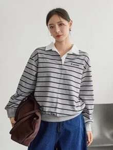 Dazy-Less Áo nỉ nữ phong cách Hàn Quốc kẻ sọc phối màu, cài nút nửa ngực, phong cách công sở thường ngày cho mùa thu - Đen và trắng - Xem 1