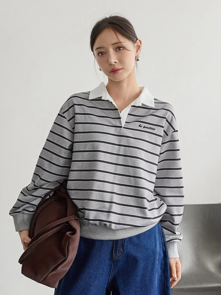 Dazy-Less Áo nỉ nữ phong cách Hàn Quốc kẻ sọc phối màu, cài nút nửa ngực, phong cách công sở thường ngày cho mùa thu - Đen và trắng - Xem 1