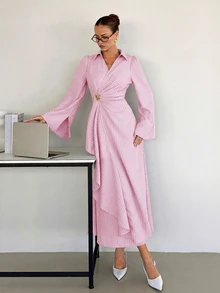 Siren Gaze Women's Striped Collared Waist Metal Decor Patchwork Ruffle Hem Elegant Long Dress - Pink - View 5
