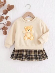 SHEIN Newborn Baby Cartoon Bear Print Patchwork Plaid Hem Cute Dress - Khaki - View 10