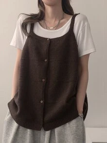 DAZY Women's Front Button Camisole Knit Top - Brown - View 1