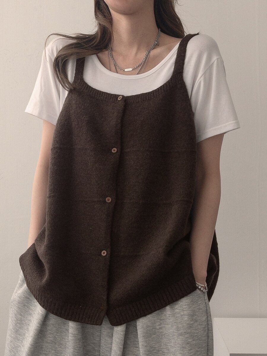 DAZY Women's Front Button Camisole Knit Top - Brown - View 1
