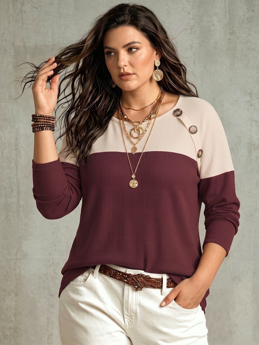 Glimmora Women's Autumn/Winter New Round Neck Long Sleeve Colorblock, Decorated With Buttons, Small Plaid Textured Fabric Plus Size T-Shirt - Multicolor - View 1