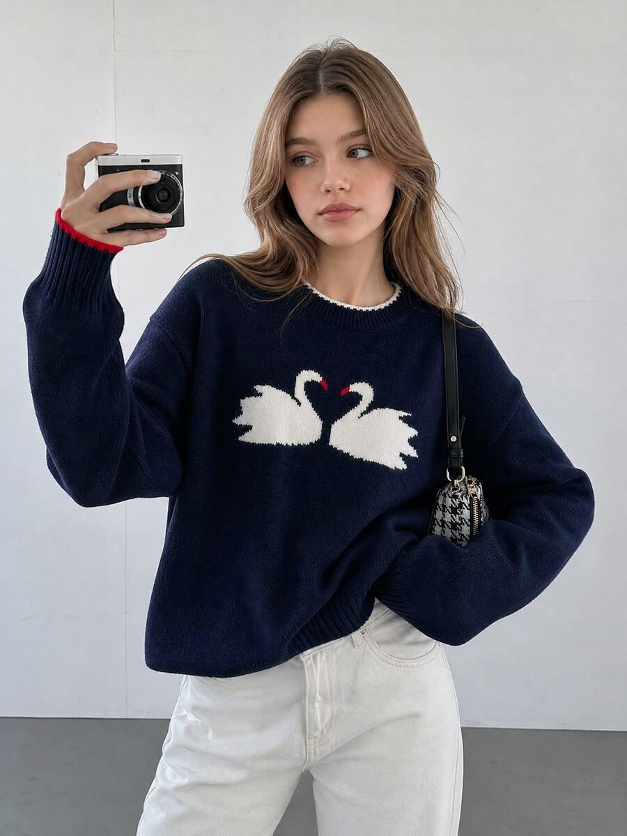 SHEIN Teen Girl Fashion Casual Versatile Animal Pattern Sweater - Navy Blue - View 1