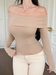 DAZY Autumn/Winter Champagne Off-Shoulder Open Shoulder Slim Fit Ribbed Knit Long Sleeve Bell Cuff Base Layer Sweater Date Party Flattering Women's Sweater - Apricot - View 6