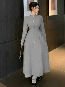DAZY Autumn/Winter Gray Stand Collar Elegant Vintage Commute Date Elegant Women Mid-Length Dress - Grey - View 8