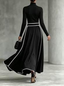 LUMIGAL Autumn Colorblock Trim High Neck A-Line Belted Wrap Casual Versatile Women's Dress - Black - View 2