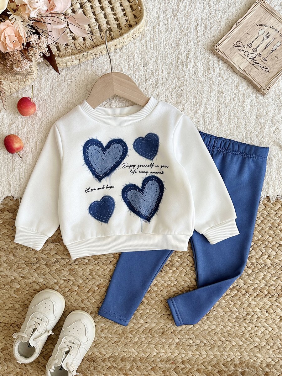 SHEIN Baby Girl Knit Heart Pattern Crew Neck Casual Sweatshirt & Long Pants 2 Pieces Set - Multicolor - View 1