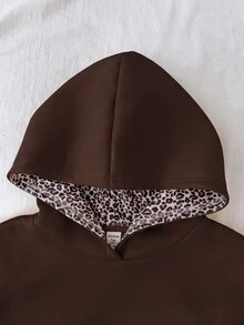 SHEIN 青少年女孩豹紋英文字母連帽寬鬆休閒衛衣 - 棕色 - 查看 7