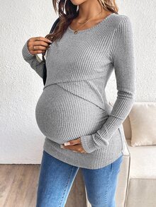 SHEIN 孕婦休閒百搭純色修身哺乳上衣 - 灰色 - 查看 7