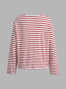SHEIN EZwear 3件裝厚款船領T恤，海軍藍/白色/條紋，秋季上衣，適合日常通勤、派對、秋冬春夏、聖誕節、新年、感恩節、婚禮、海灘、畢業典禮、優雅、外出、約會、通勤、情人節、度假、Y2K、畢業典禮等場合 - 彩色 - 查看 4