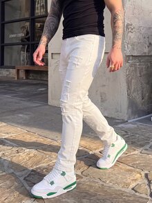 Manfinity Roghcode Men's Pocket Distressed Slim Fit Casual Denim Jeans - White - View 5