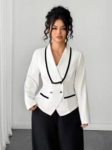 Elenzga Plus Size Women's Colorblock Casual Commute Blazer - Apricot - View 3