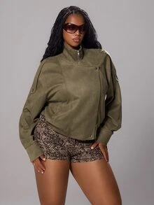Rustia Plus Size Suede Zipper Motorcycle Style Jacket, Autumn/Winter Fall - Army Green - View 6