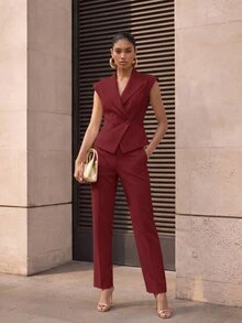 MOTF PREMIUM DOUBLE-BREASTED SLEEVELESS WAISTCOAT - Burgundy - View 2