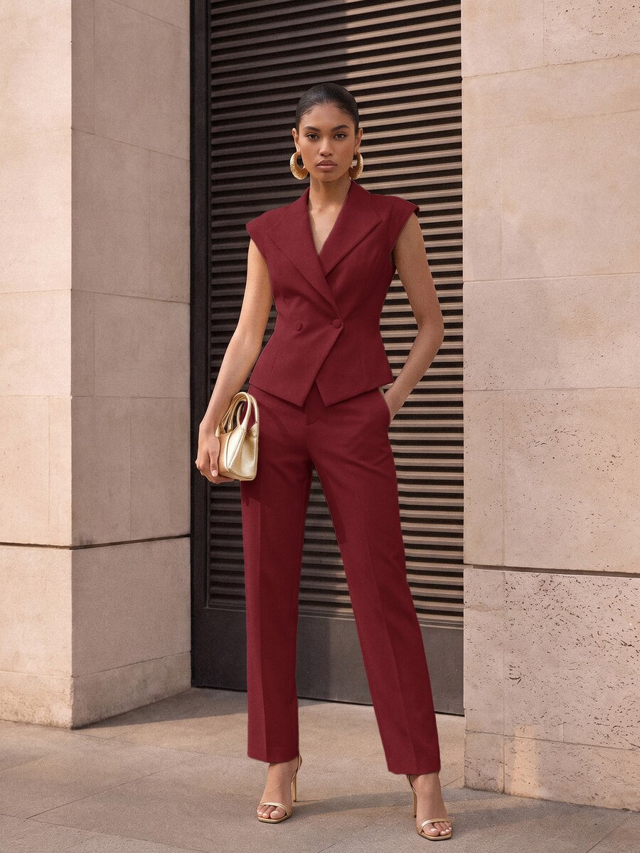 MOTF PREMIUM DOUBLE-BREASTED SLEEVELESS WAISTCOAT - Burgundy - View 2