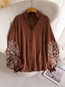 Lounesse Plus Size Autumn Casual Floral Embroidered Shirt - Brown - View 5