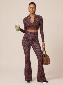 SHEIN BAE Women's Leopard Print High Waist Casual Daily Sports Tight Flare Leggings - Coffee Brown - View 5