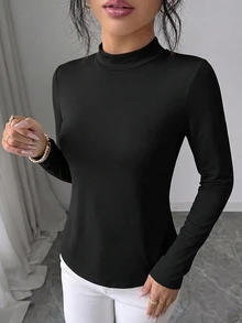 SHEIN Elenzya 秋季優雅透視蕾絲背部設計長袖T恤，可作為內搭或外穿，女款春/秋季 - 黑色 - 查看 6