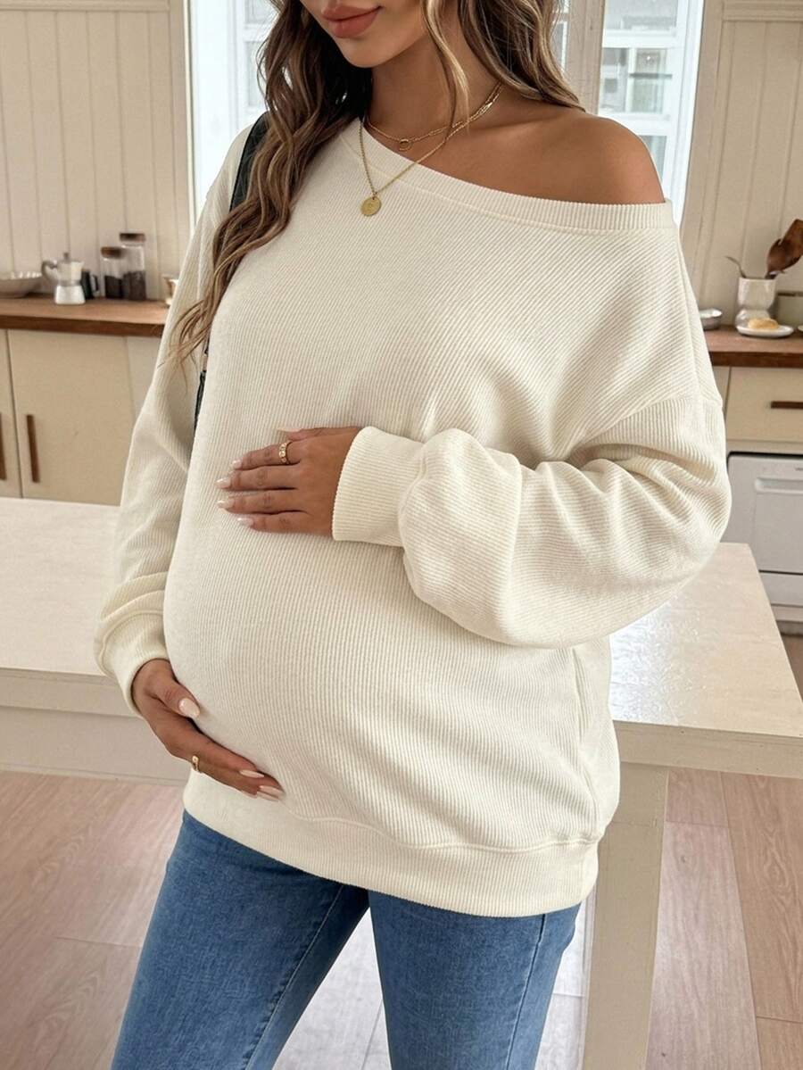 DAZY Solid Color Loose Asymmetrical Shoulder Long Sleeve Casual Vacation Korean Style Spring Autumn Maternity T-Shirt - Yellow - View 1