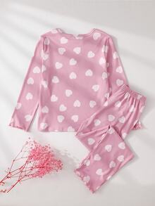 SHEIN Tween Girl Cute Pink Heart Print Long Sleeve Top And Long Pants 2 Pieces Loungewear Set - Baby Pink - View 2