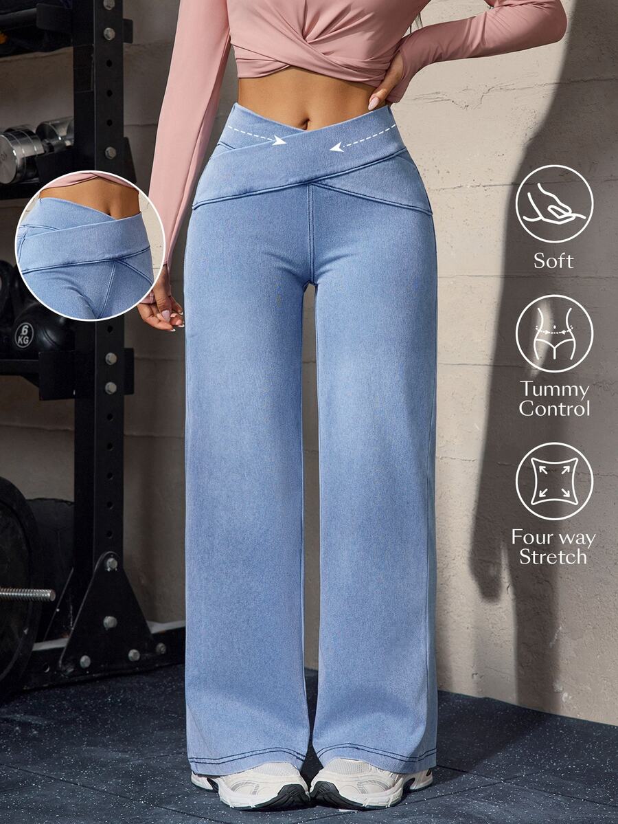 Flexra Women's Asymmetric Waist Wide Leg Loose Casual Denim Jeans - Blue - View 1