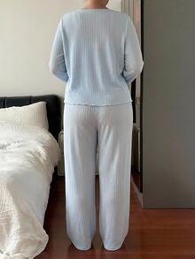 Dazy Plus Plus Size Women Solid Color Long Sleeve Front Tie Top, Camisole And Pants Casual 3 Pieces Pajama Set For Spring And Autumn - Baby Blue - View 4
