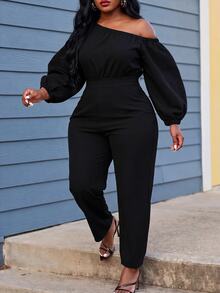Slaydiva Plus Size Jumpsuit, Black Off Shoulder Puff Sleeve High Waist Slim Fit Romper - Black - View 12