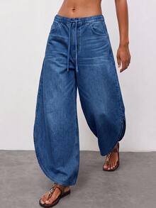 Maija Damen-Jeans mit Kordelzug-Bund, Taschen, weitem Bein und lockerer Passform, hellblau, lässig, für Herbst, Alltag und Reisen - Dunkle Waschung - Übersicht 5