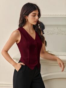 SHEIN Tall 秋冬款純色鈕扣前襟背心西裝外套 - 酒紅色 - 查看 5