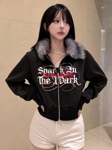 FRIFUL Women's Letter Print Long Sleeve Zip-Up Fur Collar Jacket - Black - View 1