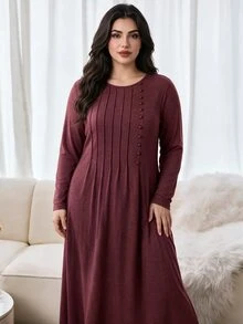 Al Najma Plus Size Women Solid Color Round Neck Long Sleeve Button Design Casual Arabian Dress - Burgundy - View 6