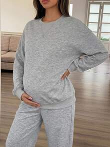 Dazy Maternity 圓領寬鬆短袖上衣與鬆緊腰短褲休閒運動孕婦兩件套裝 - 灰色 - 查看 4