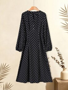 Rusticease Middle-Aged Women Polka Dot Print Round Neck Long Sleeve Casual 1920 Vintage Elegant Dress Office Fancy Black Autumn - Black and White - View 3