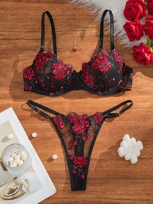SHEIN 2件組女款網紗刺繡內衣套裝 - 黑色 - 查看 1
