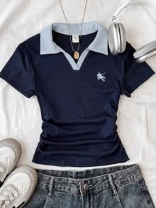 SHEIN 青少年女孩皇家藍白色領針織休閒拼色收腰修身T恤，附小Logo刺繡 - 藍色 - 查看 3