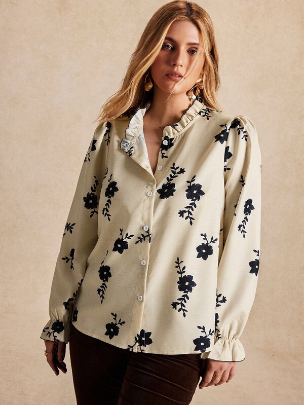 Écloséra Curve Plus Size Elegant Casual Long Sleeve Loose Fit Women's Blouse, Elegant Women's Top, Suitable For Autumn, Commuting, Vacation, Country Style, Travel, Party, Beach And Other Occasions