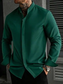 Manfinity Homme 男士長袖亨利領襯衫，專為正式商務場合設計，防皺西裝襯衫，適合休閒工作穿著 - 墨綠色 - 查看 6