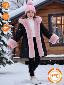 SHEIN 少女款毛毛領連帽派克夾克外套 抽繩收腰長版冬季保暖大衣 - 黑色 - 查看 3