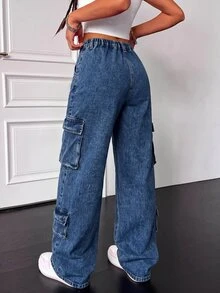 Teen Girl Pocket Button Casual Daily Wear Cargo Denim Jeans - Medium Wash - View 6