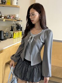 K-Vae Women's Korean Ins Style 2 In 1 Grey Frill Trim Oversized Scoop Neck Tie-Front Knit Cardigan, Contrast Color Drawstring Lantern Sleeve Grey Ribbed Sexy Sweet Girl Slimming T-Shirt - Grey - View 6