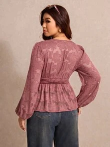 Elaquor 大尺碼女款花卉V領燈籠袖優雅襯衫 - 粉色 - 查看 2