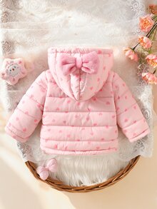 Fleece Coat With Pink Heart Prints For Newborn Baby Girls, Winter Outerwear - Pink - View 3