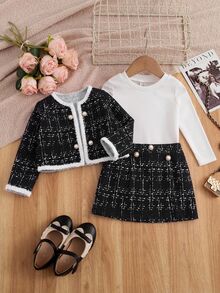 SHEIN Baby Girl Plaid Long Sleeve Cardigan & Skirt Set - Black - View 3