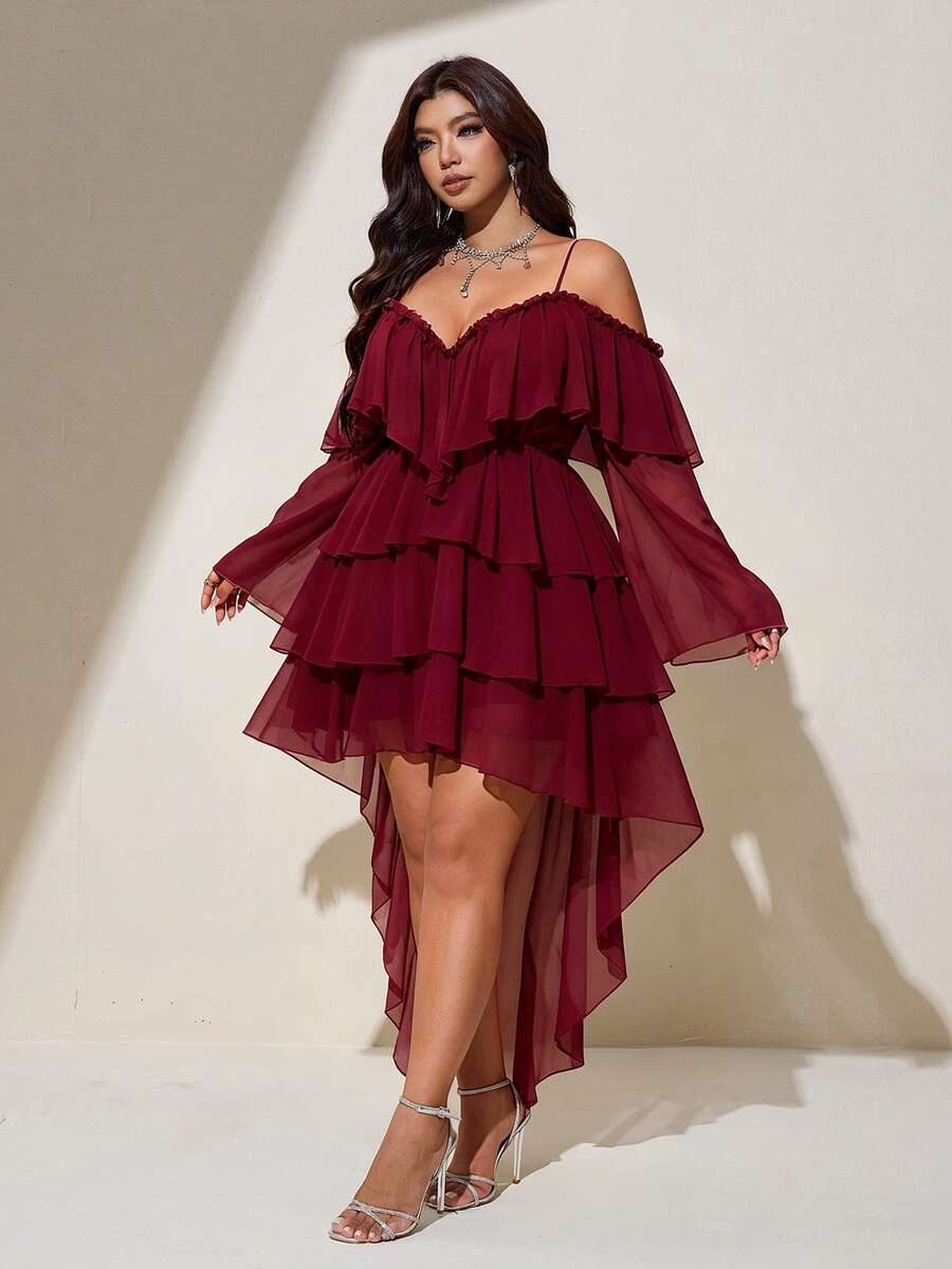 Viva Relle Plus Size Sexy Cold Shoulder Spaghetti Strap Front Short Back Long Burgundy Dress Fall - Burgundy - View 1