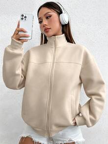 SHEIN Unity 女款百搭街頭風長袖口袋運動衫，適合日常穿著 - 卡其色 - 查看 1