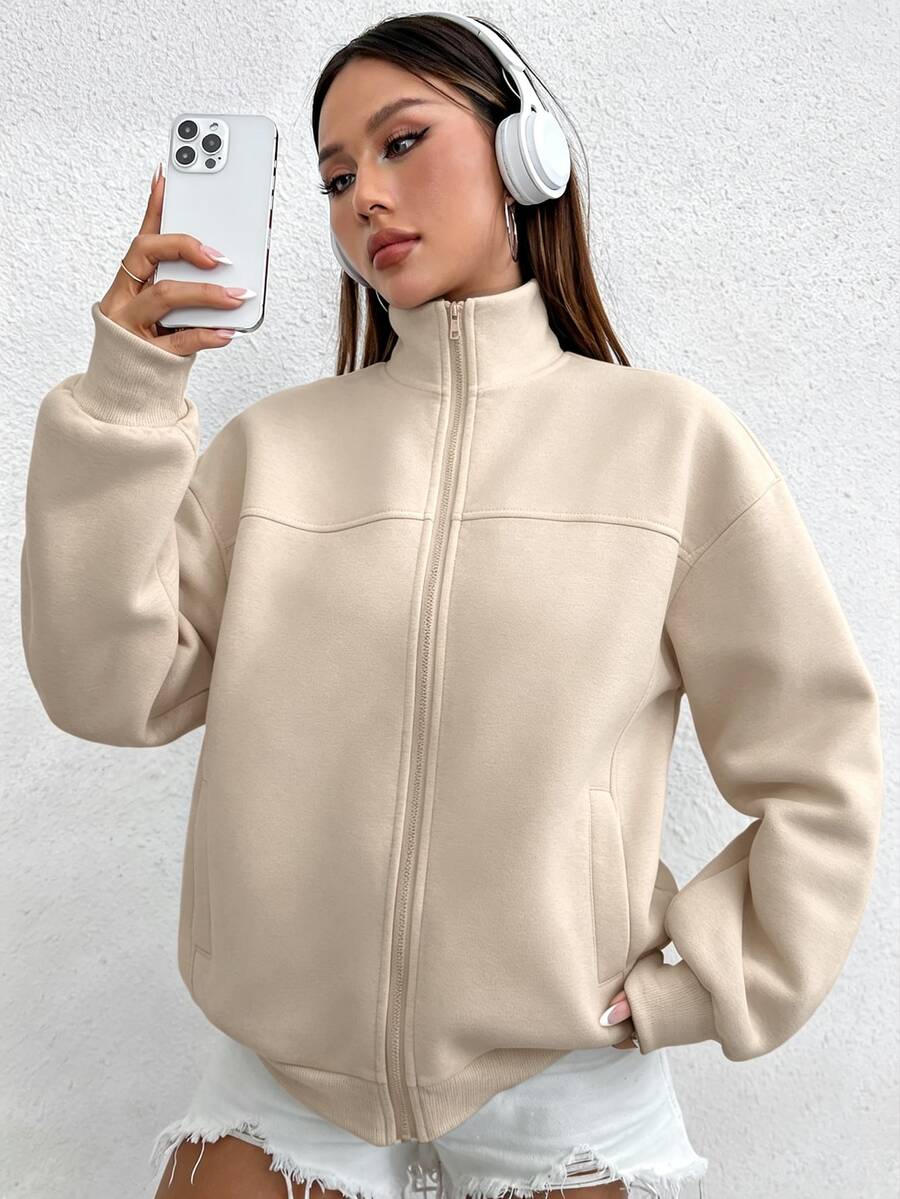 SHEIN Unity 女款百搭街頭風長袖口袋運動衫,適合日常穿著 - 卡其色 - 查看 1