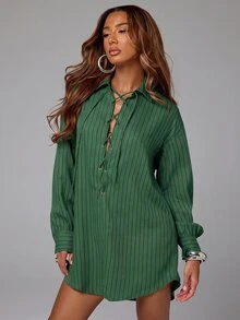 NYA SZN Women's Striped Casual Sexy Daily Fall Mini Dress Going Out Night Out Green - Green - View 5