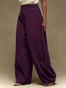 Vixey Solid Brown Suiting High Waist Barrel Leg Office Pants - Purple - View 5